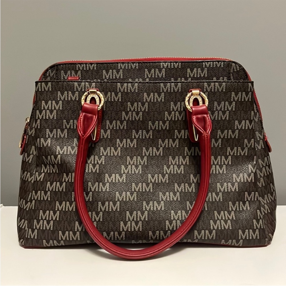 MKF brown and red faux leather initial print hand bag